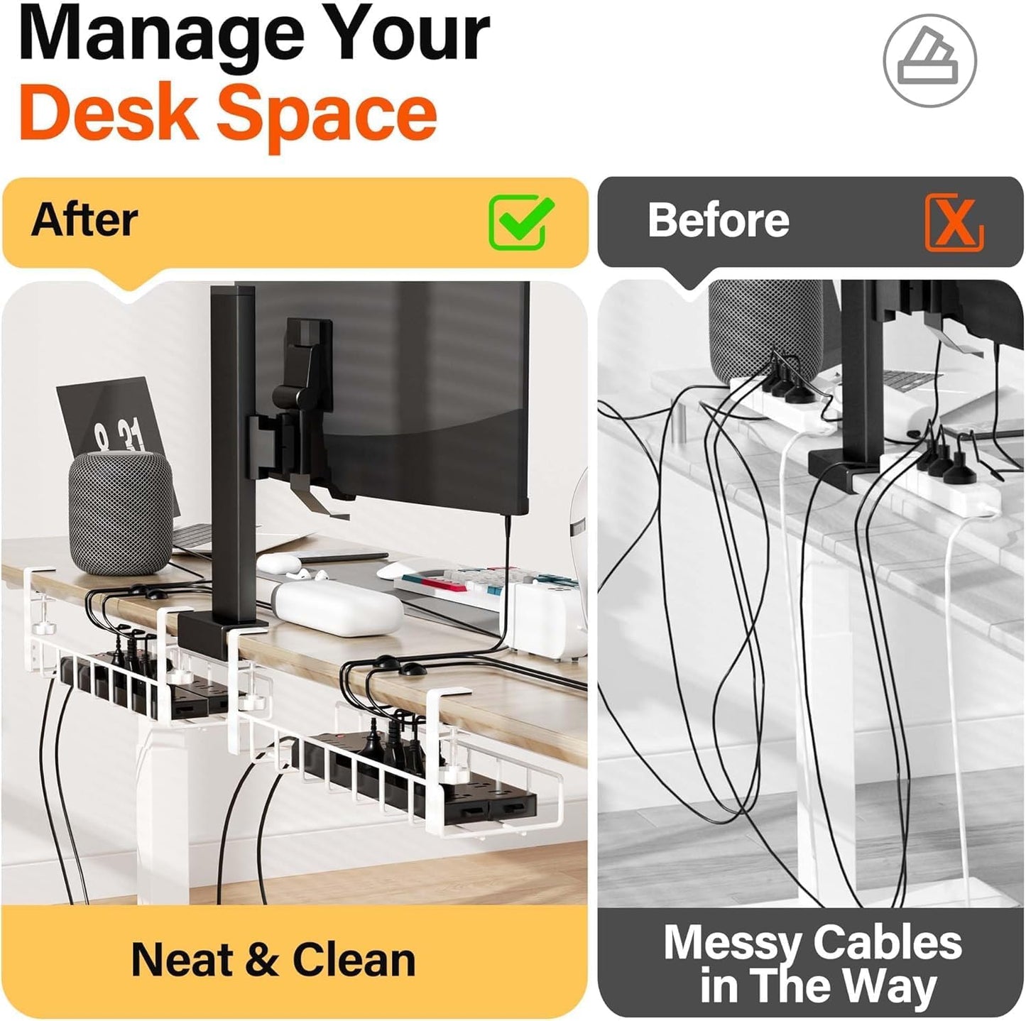 2 Pack Cable Management Under Desk Tray, 31.4" No Drill Under Desk Wire Management with Upgraded Clamp, Metal Cord Organizers for Desk with Cable Organizers, PC Cable Management Rack, Black