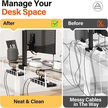 2 Pack Cable Management Under Desk Tray, 31.4" No Drill Under Desk Wire Management with Upgraded Clamp, Metal Cord Organizers for Desk with Cable Organizers, PC Cable Management Rack, Black