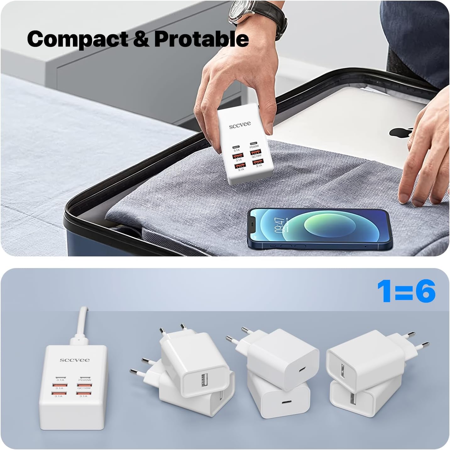 USB C Charger,10 Ports USB Charging Station with 6 Ports USB-C, Desktop 50W Multi Ports Charger Compatible with iPhone 12/13/14/15/16/Galaxy S22/S23/S24/S25/Tablet/Watch/Headphones