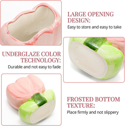 Foraineam 2 Pieces Ceramic Pen and Pencil Holder for Office Tulip Makeup Brush Storage Stand Cute Vase Decor Aesthetic Toothbrush Holder Desktop Organizers for Pencils, Painting Brushes, Art Supplies