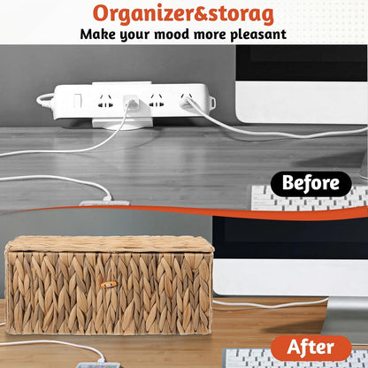 Cable Management Box with Lid 2 Pack Hand-Woven Water Hyacinth Decorative Cord Organizer 2 Side Open Slots Wicker Cable Box to Hide Cords Power Strip for Desk, Floor, Office