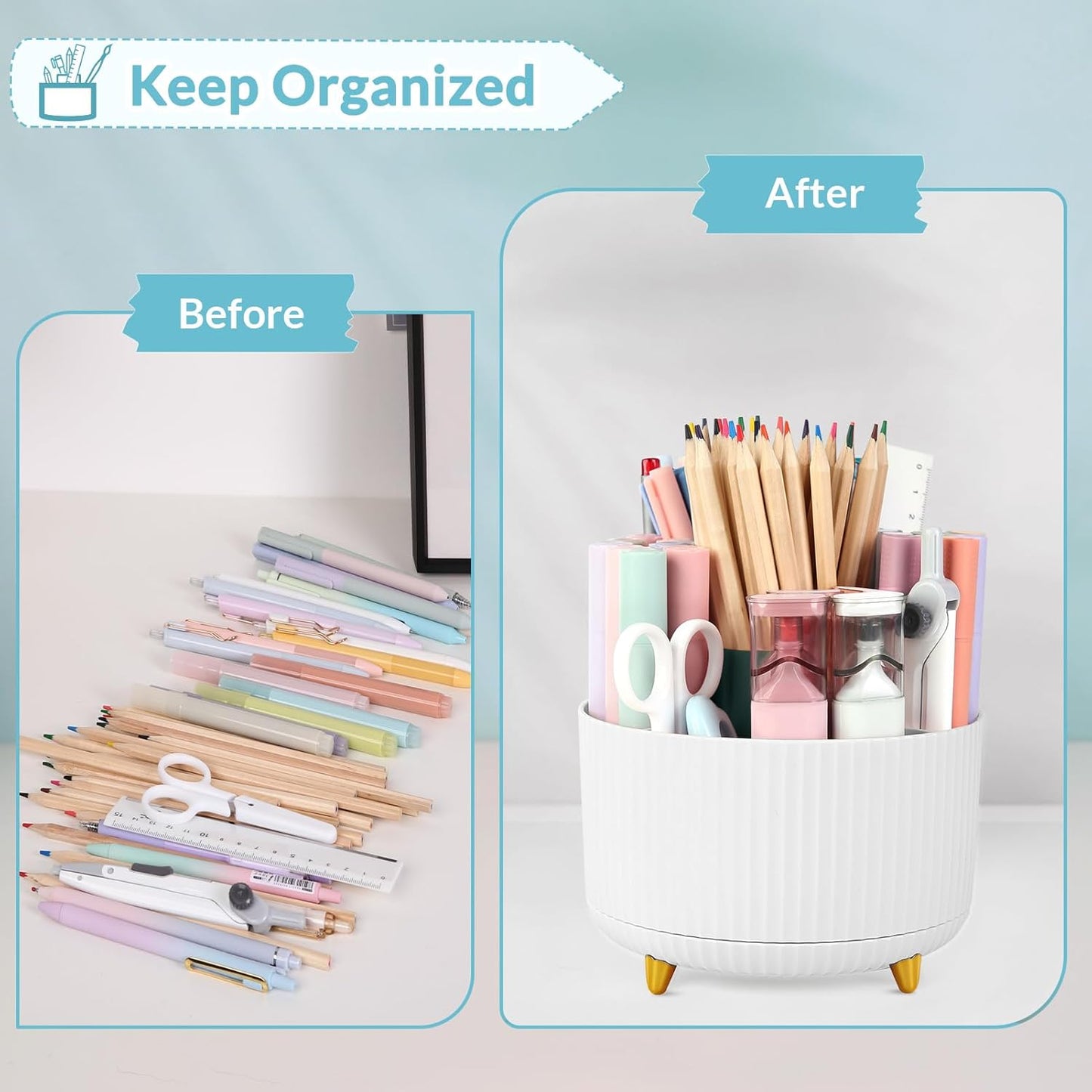 SKYDUE 360 Rotating Purple Pen & Art Supply Organizer - 5 Slot Desk Organizer for Office, School, Home