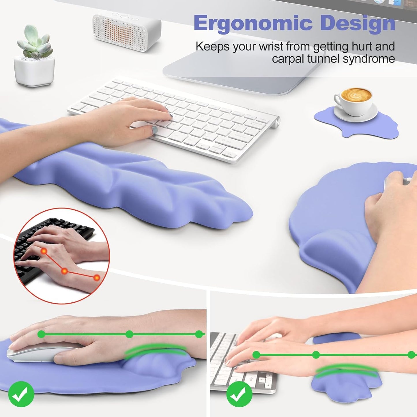 Keyboard Wrist Rest and Mouse Pad with Wrist Support Set, Ergonomic Leaf Shape Mouse Pad with Non-Slip Base, Pain Relief Memory Foam Mousepad for Computer,Laptop,Home Office, Green