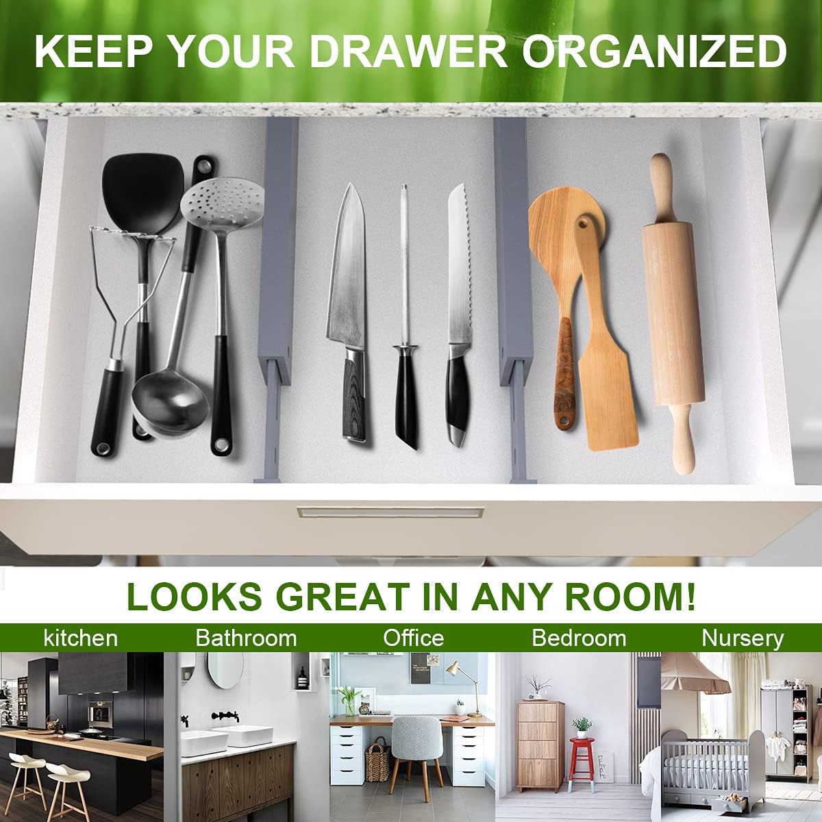 ANTOWIN Bamboo Drawer Dividers Organizers, Drawer Separators Splitter,17-22 inches Long Adjustable Spring-loaded Organizer for Large Utensil, Clothes, Tools Drawers(yellow)
