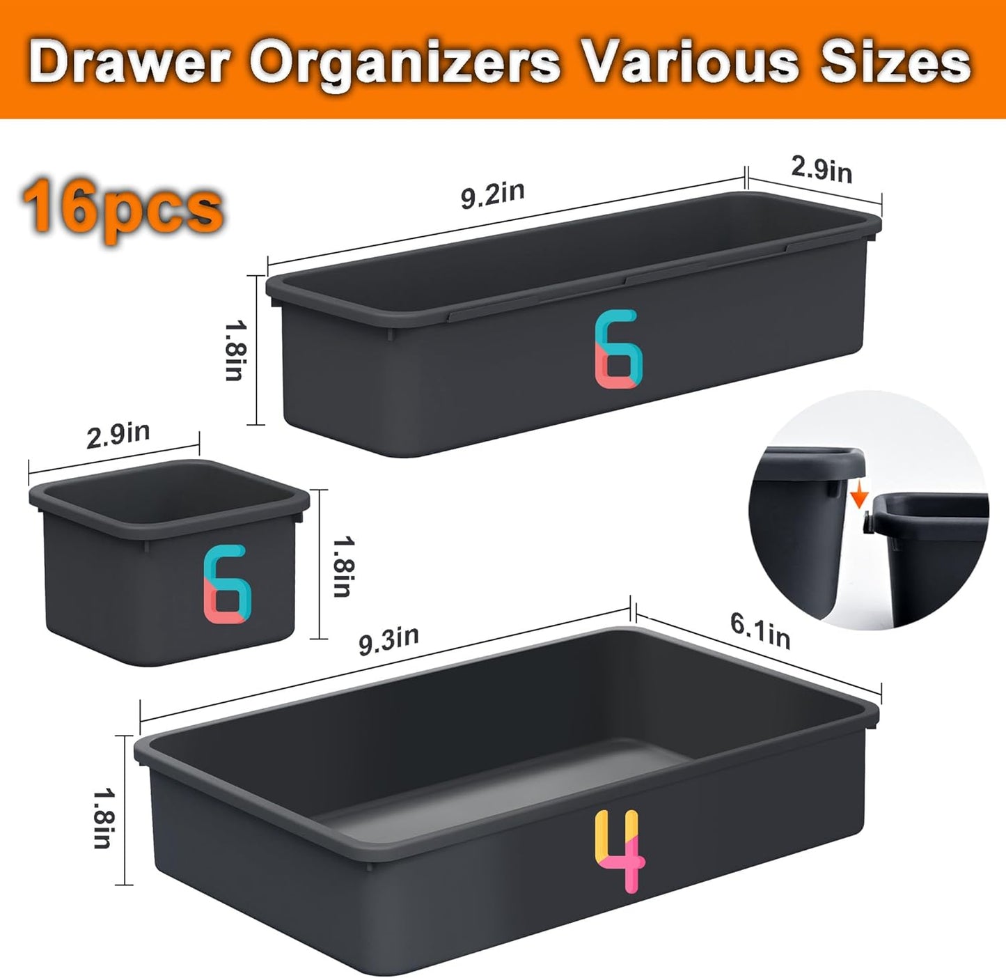 QUELIEN Desk Drawer Organizer Tray Set, 16PCS Plastic Drawer Organizer Bins for Office, Makeup, Kitchen - Gray Blue Desk Organizer with Flexible Interlocking Design for Efficient (Gray Blue, 16PCS)