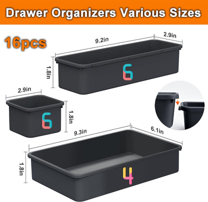 QUELIEN Desk Drawer Organizer Tray Set, 16PCS Plastic Drawer Organizer Bins for Office, Makeup, Kitchen - Gray Blue Desk Organizer with Flexible Interlocking Design for Efficient (Gray Blue, 16PCS)