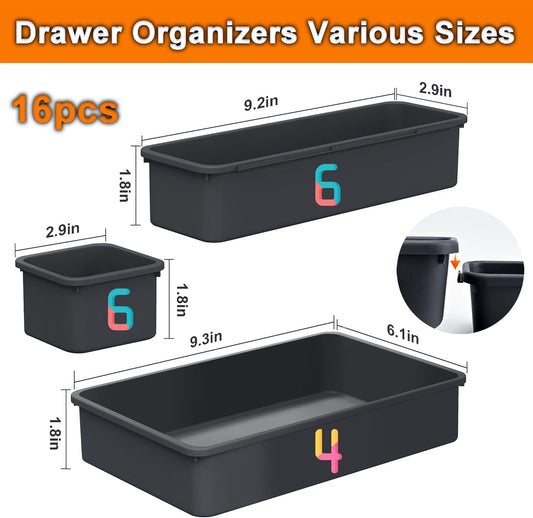 QUELIEN Desk Drawer Organizer Tray Set, 16PCS Plastic Drawer Organizer Bins for Office, Makeup, Kitchen - Gray Blue Desk Organizer with Flexible Interlocking Design for Efficient (Gray Blue, 16PCS)
