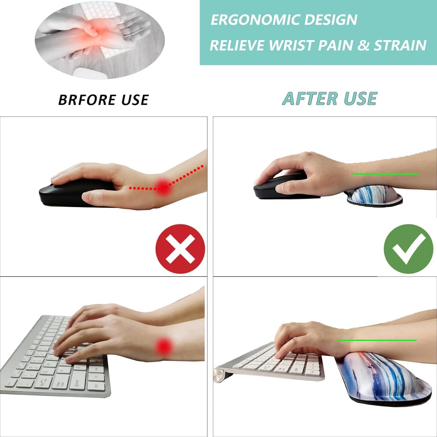 Keyboard Wrist Rest Mouse Wrist Support Set, Memory Foam Wrist Rest Pad for Computer Laptop Keyboard Mouse, Ergonomic Wrist Cushion Support for Typing Pain Relief, Gaming Home Office, Purple