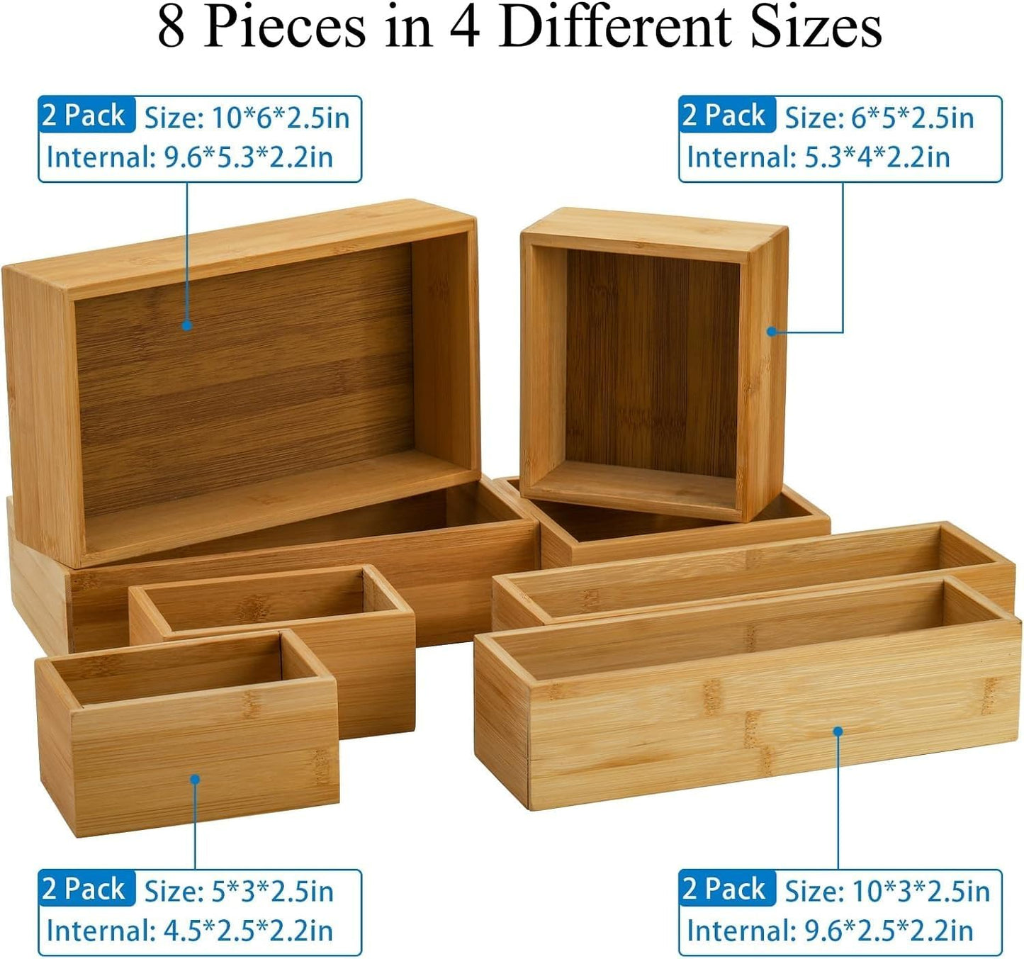 Lawei Set of 5 Bamboo Drawer Organizer Boxes, Desk Storage Box Kit, Drawer Storage Containers Tray Bins for Office, Kitchen, Bedroom, Children Room, Craft, Sewing