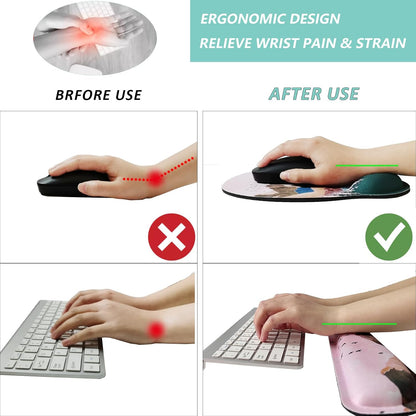 Keyboard Wrist Rest Pad Mouse Pad with Wrist Support Set of 3, Mousepad with Non-Slip Rubber Base, Ergonomic Memory Foam Mouse Wrist Cushion Support for Home Office Laptop Computer, Flower Black