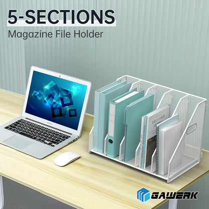 MINDEPOT Desk File Organizer Metal Desk Magazine Folder Holder with 5 Vertical Compartments Rack File Organizer for Office, Home, School, Black
