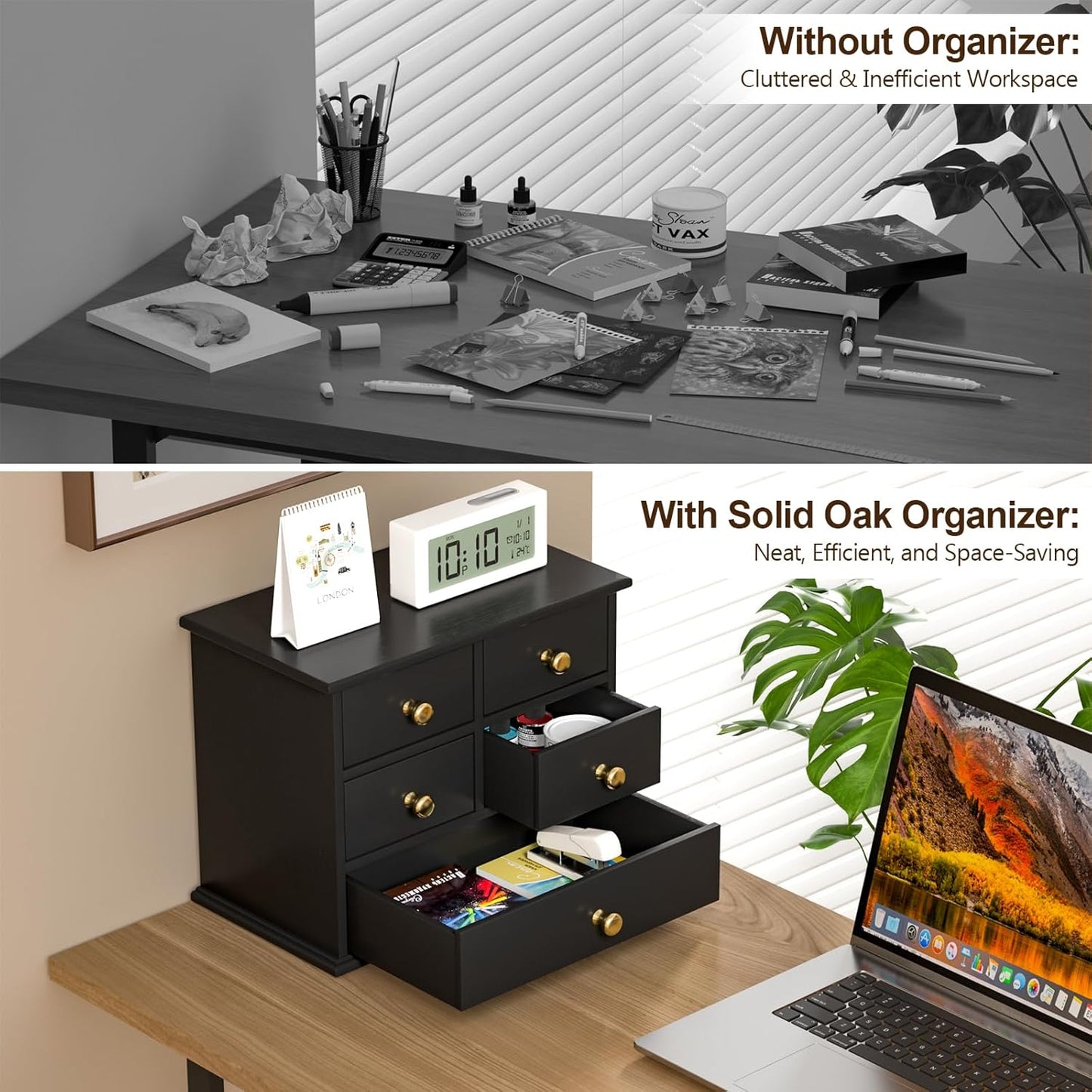 Oak Desk Organizer with Drawers, Durable Wooden Desktop Storage Box with Metal Handles & Non-Slip Silicone Pads, 4 Drawer Tabletop Organizer for Office, Bedroom, Bathroom, Vanity, and Makeup – Walnut