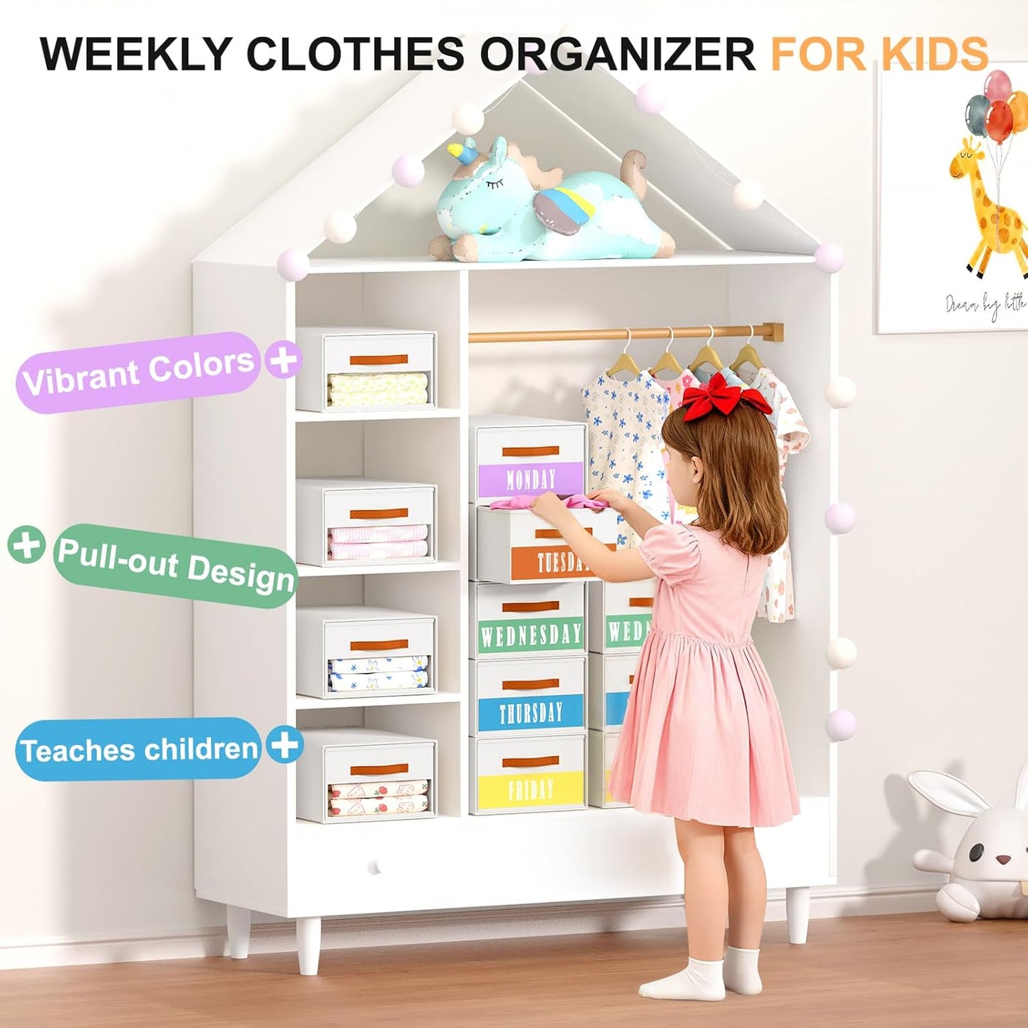 Stackable Storage Drawers - Pull Out Storage Bins with Drawers for Closet Clothes Organizers with Weekly Labels & Clear Window, Closet Shelf Storage for Bedroom, Living Room, 5 Pack, White