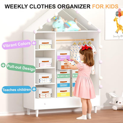Stackable Storage Drawers - Pull Out Storage Bins with Drawers for Closet Clothes Organizers with Weekly Labels & Clear Window, Closet Shelf Storage for Bedroom, Living Room, 5 Pack, White