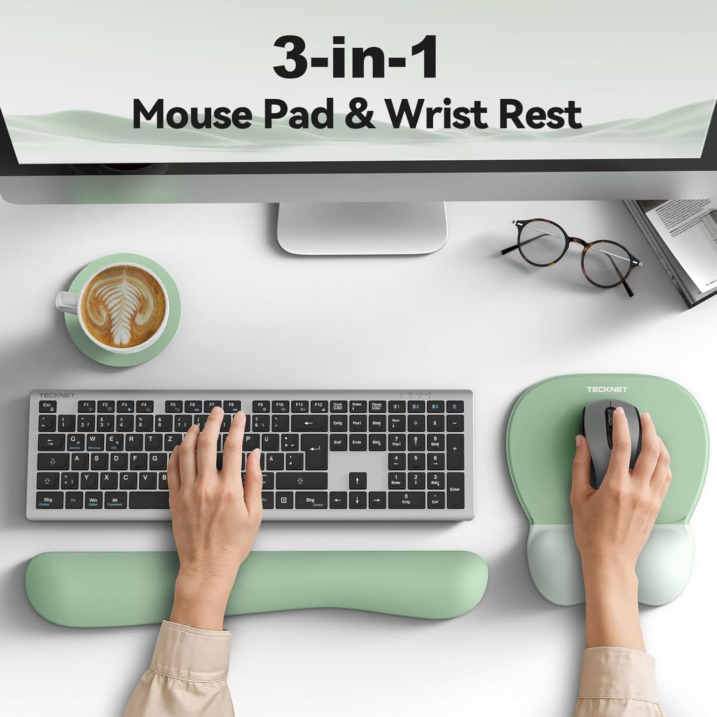 TECKNET Gel Mouse Pad with Wrist Rest, 3 in 1 Keyboard Wrist Rest for Pain Relief, Non-Slip PU Base & Easy Typing, Ergonomic Mousepad Set for Office & Home（Black）