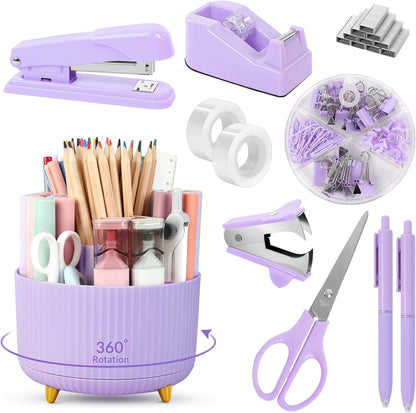 SKYDUE Pink Desk Accessories 10Pcs, Rotating Pen Holder for Desk, Stapler, Staple Remover, Tape Dispenser,2pcs Tape Refills, Binder Paper Clips Kit, Scissor,Pink Office School Supplies