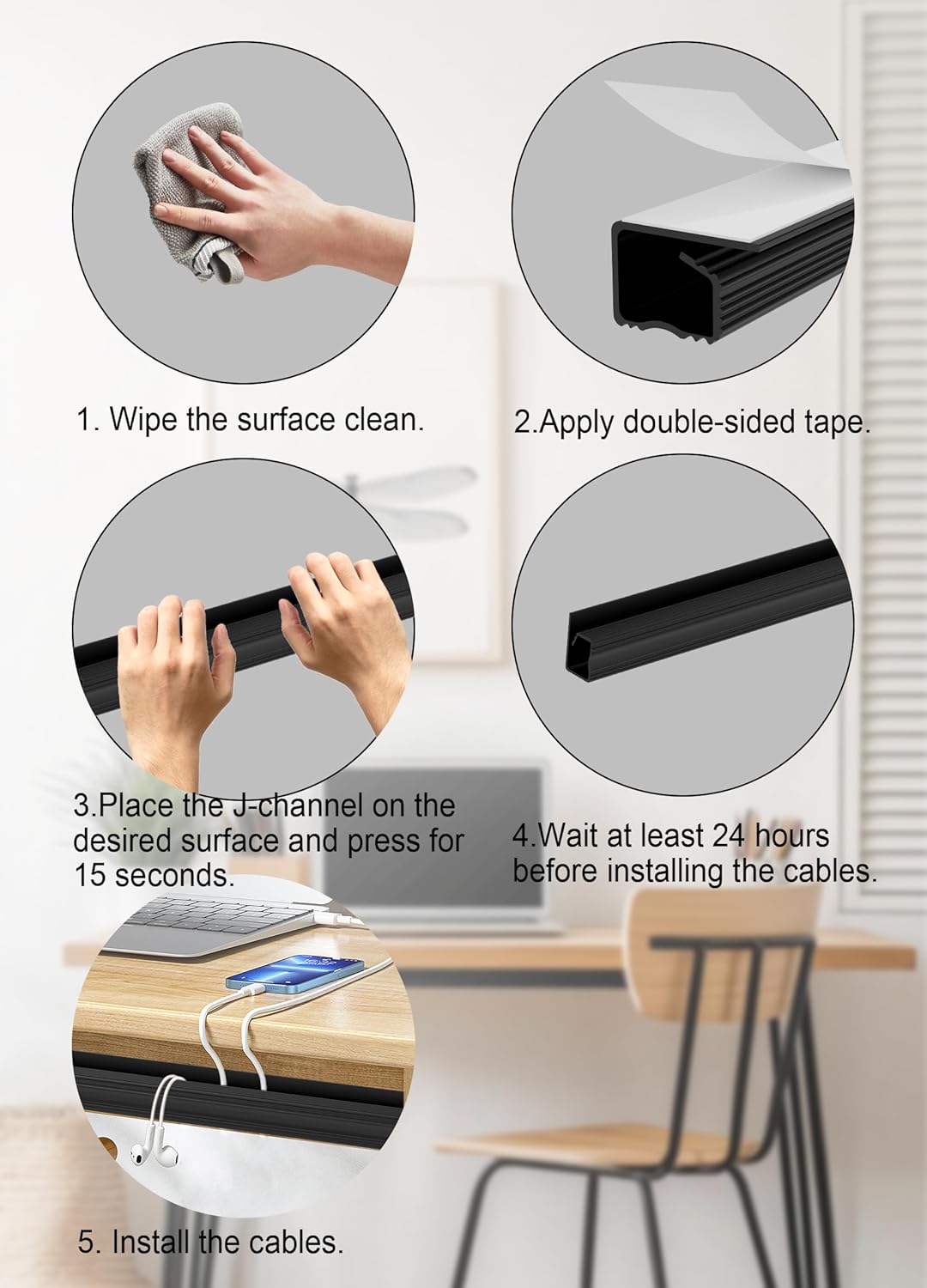 Under Desk Cable Management - Adhesive Cable Organizer for Home & Office, No-Drill Cord Management System, J Channel Cable Raceway for Desk, 6 Pack, White
