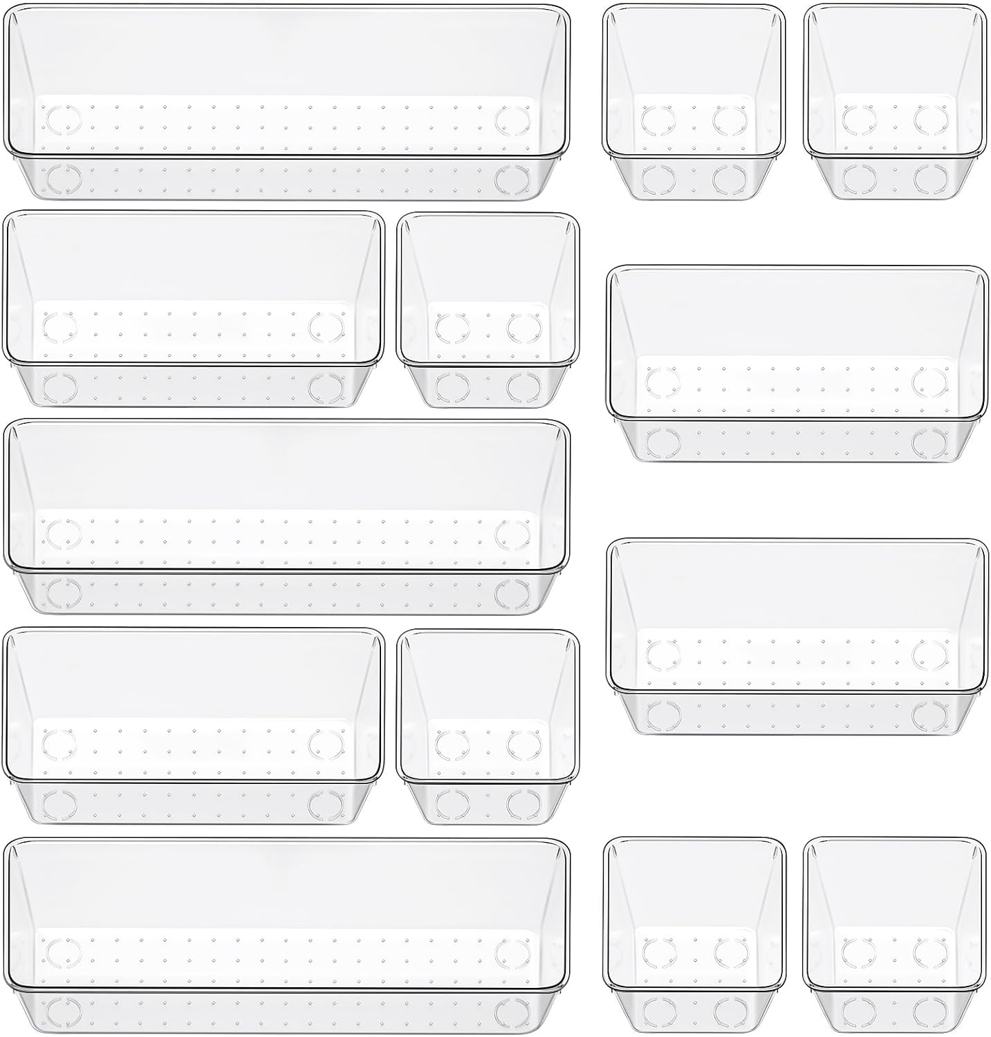 12 Piece Clear Drawer Organizer Set, 3 Sizes Bathroom Vanity Organizer Trays and Storage Bins for Makeup, Cosmetics, Jewelry, and Gadgets. Perfect for Office, Kitchen, Bedroom, Bathroom Use.