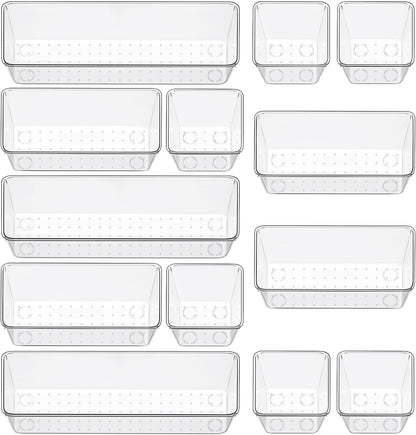 12 Piece Clear Drawer Organizer Set, 3 Sizes Bathroom Vanity Organizer Trays and Storage Bins for Makeup, Cosmetics, Jewelry, and Gadgets. Perfect for Office, Kitchen, Bedroom, Bathroom Use.