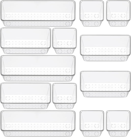 12 Piece Clear Drawer Organizer Set, 3 Sizes Bathroom Vanity Organizer Trays and Storage Bins for Makeup, Cosmetics, Jewelry, and Gadgets. Perfect for Office, Kitchen, Bedroom, Bathroom Use.