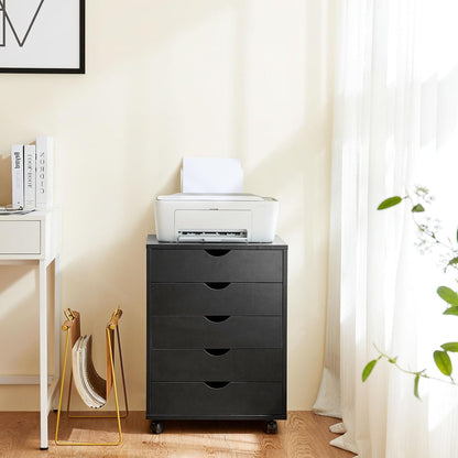 5 Drawer Mobile File Cabinet Under Desk Storage Organization with Wheels Vertical Filing Chest Rolling Wood Small Desk Printer Stand for Home Office, White
