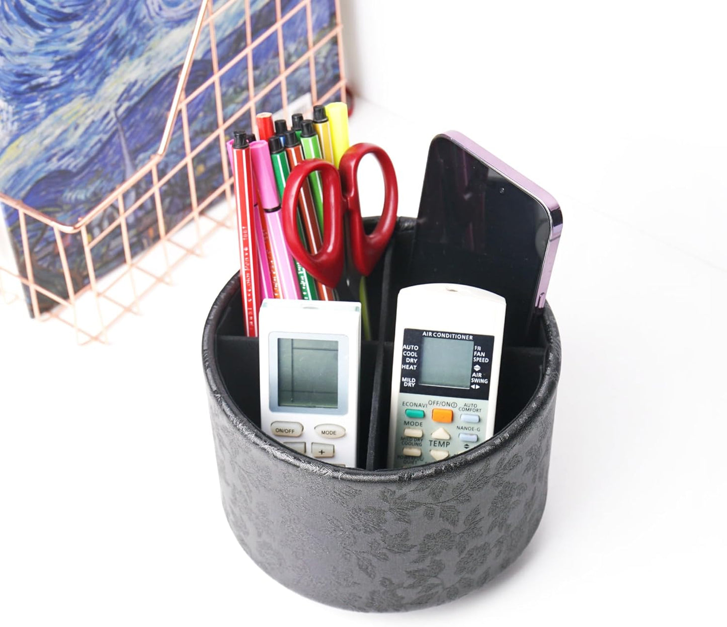 lizimandu Round Leather Art Supply Organizer,Remote Control Holder,360 Degree Spinning,Multi-Functional Pencil Holder,4 Compartments Desktop Stationary Organizer(1-Gold) - Colors B