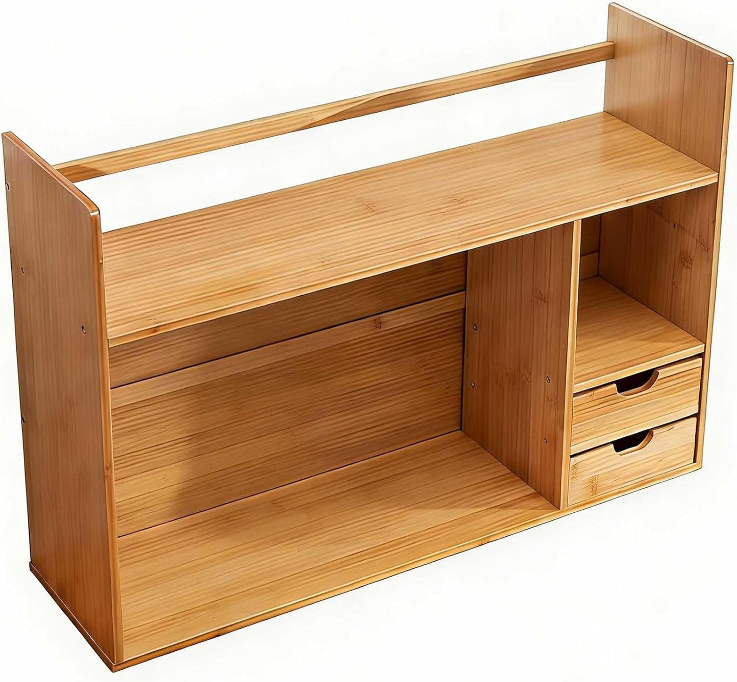 Bamboo Desktop Bookshelf – Small Bookshelf for Desk with Drawers, Double Layer Display Shelf & Desk Hutch Organizer for Office, Dorm & Computer Desk (22.8"x7.5"x18.1")