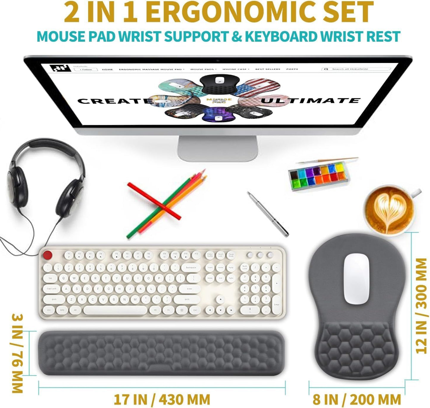 Hokafenle 2 in 1 Ergonomic Mouse Pad Wrist Support & Wrist Rest for Computer Keyboard Set, with Relieve Carpal Tunnel Pain Massage Bulge and Full Memory Gel Design (2In1 Set, Light Green)