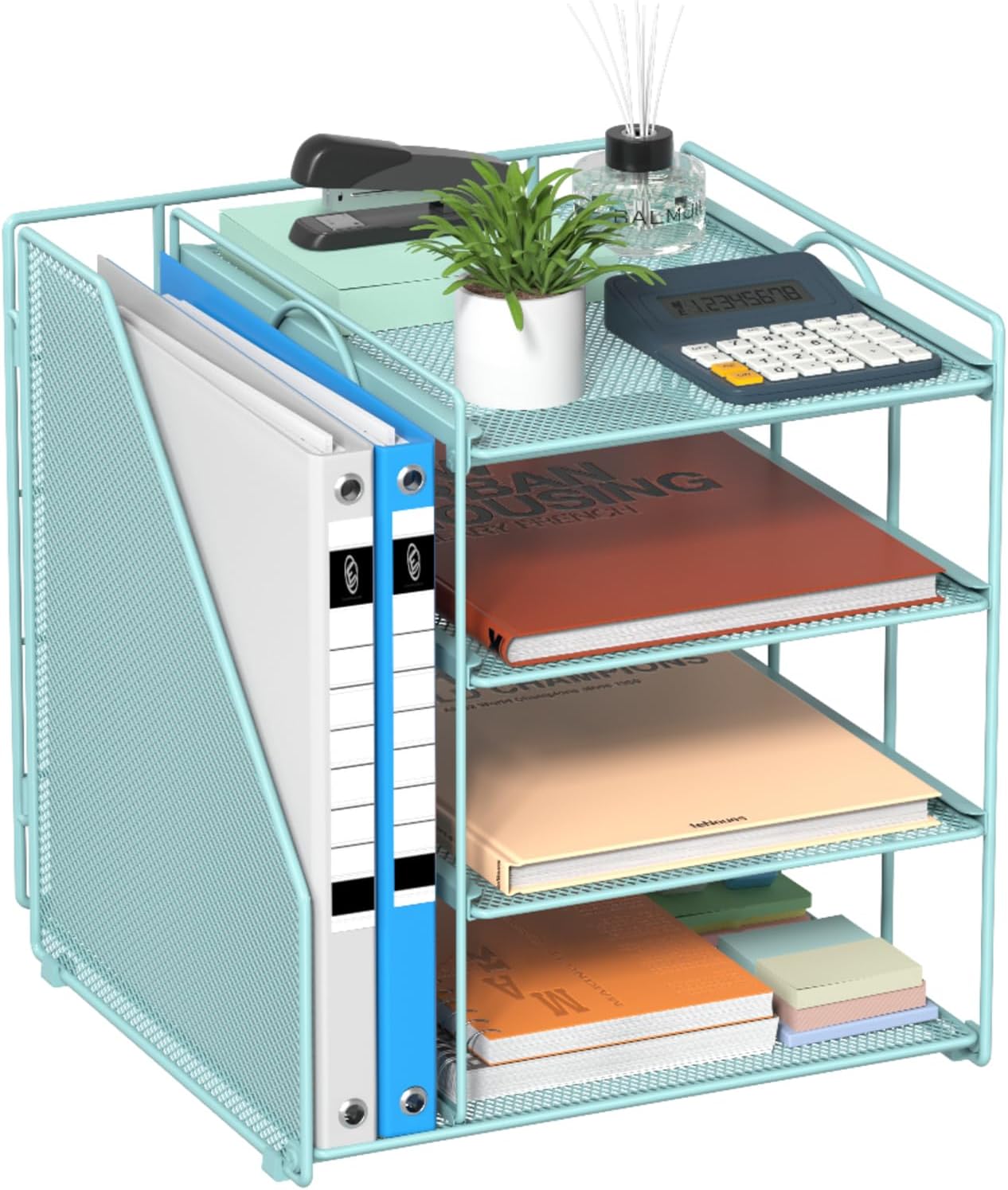 Desk Organizer, 4-Tier Metal File Organizer for Desk with Vertical File Holder, Office Accessories and Desktop Storage for Office Supplies (Black)