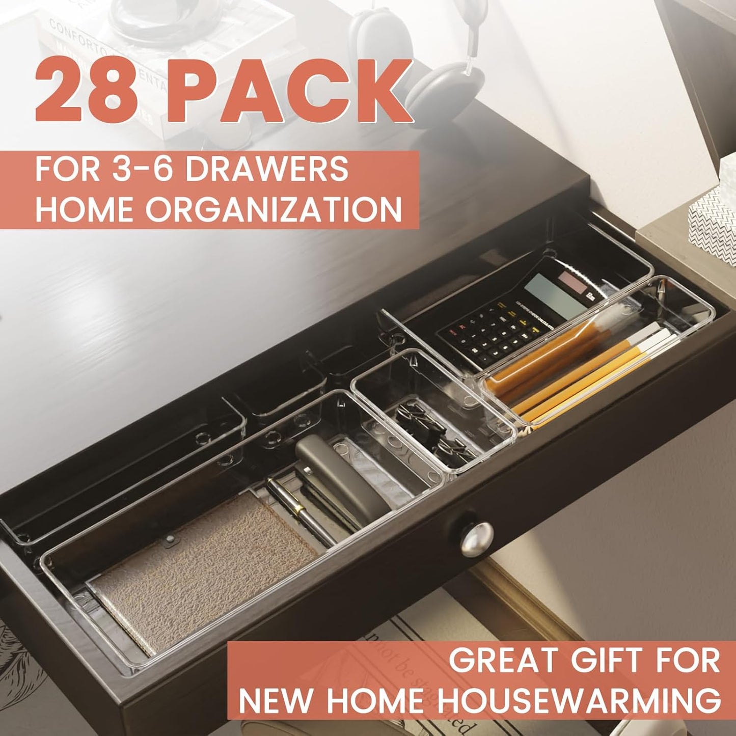 Criusia Large Drawer Organizer Bins 26 Pack | Complete 5 Size Clear Plastic Kitchen Drawer Organizers for Utensils | Bathroom Drawer Organizer Trays | Versatile for Makeup Office Organization