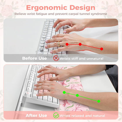 2 in 1 Keyboard Stand for Desktop, Floral Wrist Support for Keyboards, Anti-Fatigue Memory Foam Wrist Rest for Computer, 3-Angle Adjustable Keyboard Riser for Office Home (Pink Bow)
