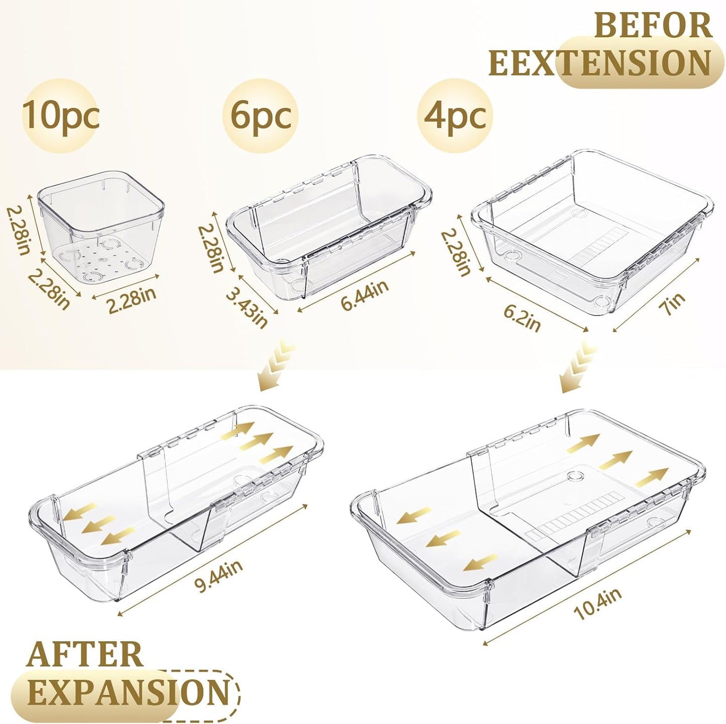 14 Pcs Adjustable Clear Drawer Organizer, Extendable Vanity Storage Bins, Desk Drawer Organizer Set for Makeup, Cosmetics, Bedroom, and Gadgets, Purple
