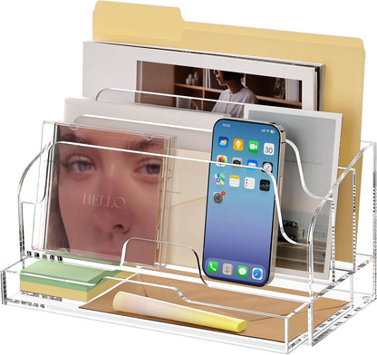 SANRUI Clear Desk Organizer Holder with Drawers, Acrylic Desktop Manila folders File Mail Sorter Box, Office Desk Accessories & Workspace Envelope Bill Letter Organization Racks, 3 Compartments