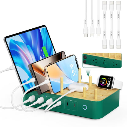 Bamboo USB-C Charging Station for Multiple Devices,60W 6 Port Charing Dock with 3 AC Outlets, 3 USB C, 3 USB A,6.6ft Power Cord for lPhone,lPad,Tablets (6 Mixed Cables Included),White
