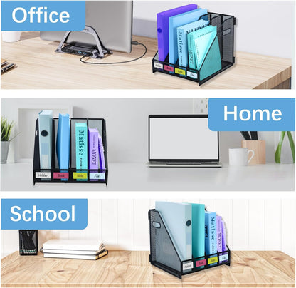 Desk Organizers Metal Magazine File Holder Racks Desktop Folder Storage Binder Organiser Document Organization for Home Office & Classroom,5 Vertical Compartments