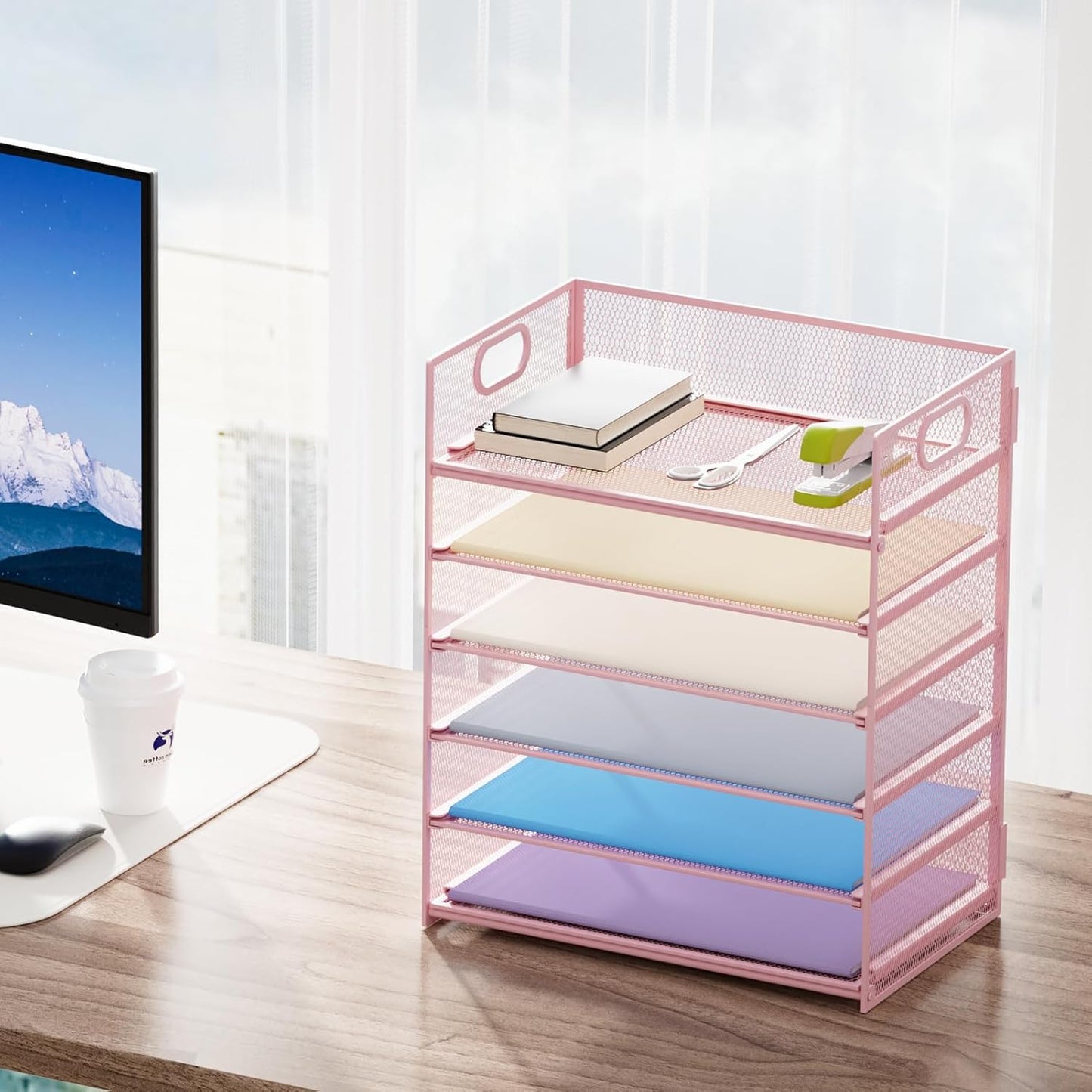 Marbrasse 6 Tier Paper Organizer Letter Tray - Mesh Desk File Organizer with Handle, Paper Sorter Organizer for Letter/A4 Office File Folder Holder - Black