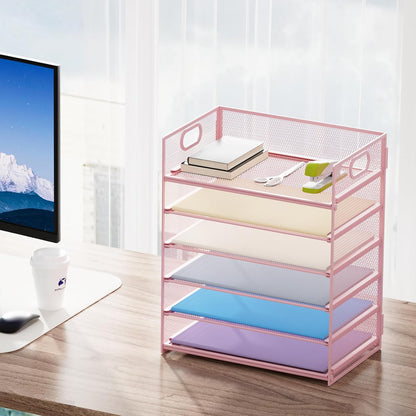 Marbrasse 6 Tier Paper Organizer Letter Tray - Mesh Desk File Organizer with Handle, Paper Sorter Organizer for Letter/A4 Office File Folder Holder - Black