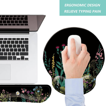Keyboard Wrist Rest Pad Mouse Pad with Wrist Support Set of 3, Mousepad with Non-Slip Rubber Base, Ergonomic Memory Foam Mouse Wrist Cushion Support for Home Office Laptop Computer, Flower Black