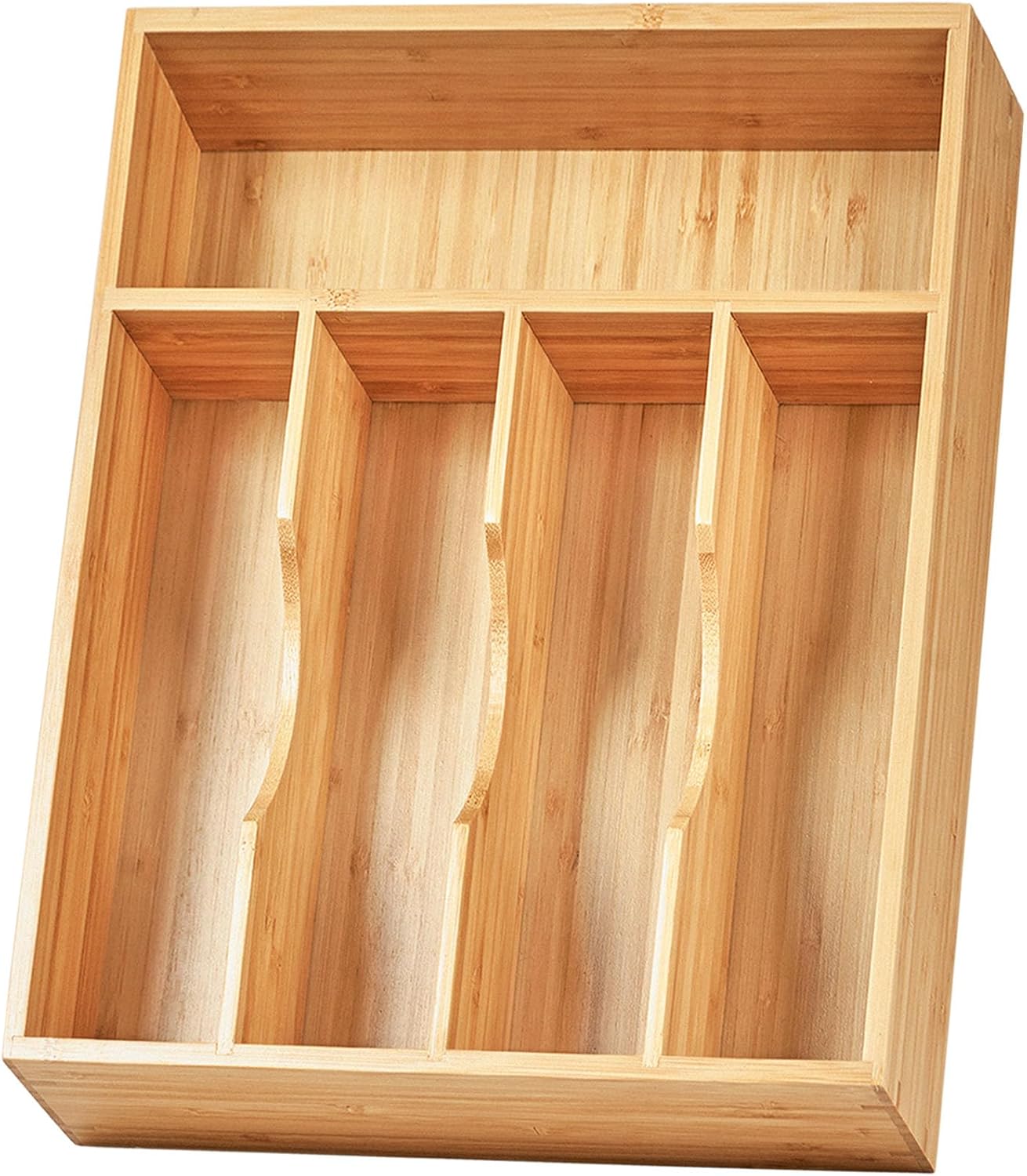 Umilife Bamboo Kitchen Drawer Organizer, 13 Inch Silverware Utensil Tray Holder, Extra Deep Grooved Drawer Divider, 7 Slots Total Bamboo Wood Caddy for Flatware Cutlery Knives, Forks, Spoons