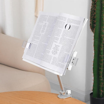 YOKIVE Book Stand for Reading, Adjustable Holder with 360° Rotating Arm & Page Clips, Portable Sturdy Book Holder, Great for Textbook (Silver, 10.3-inch)