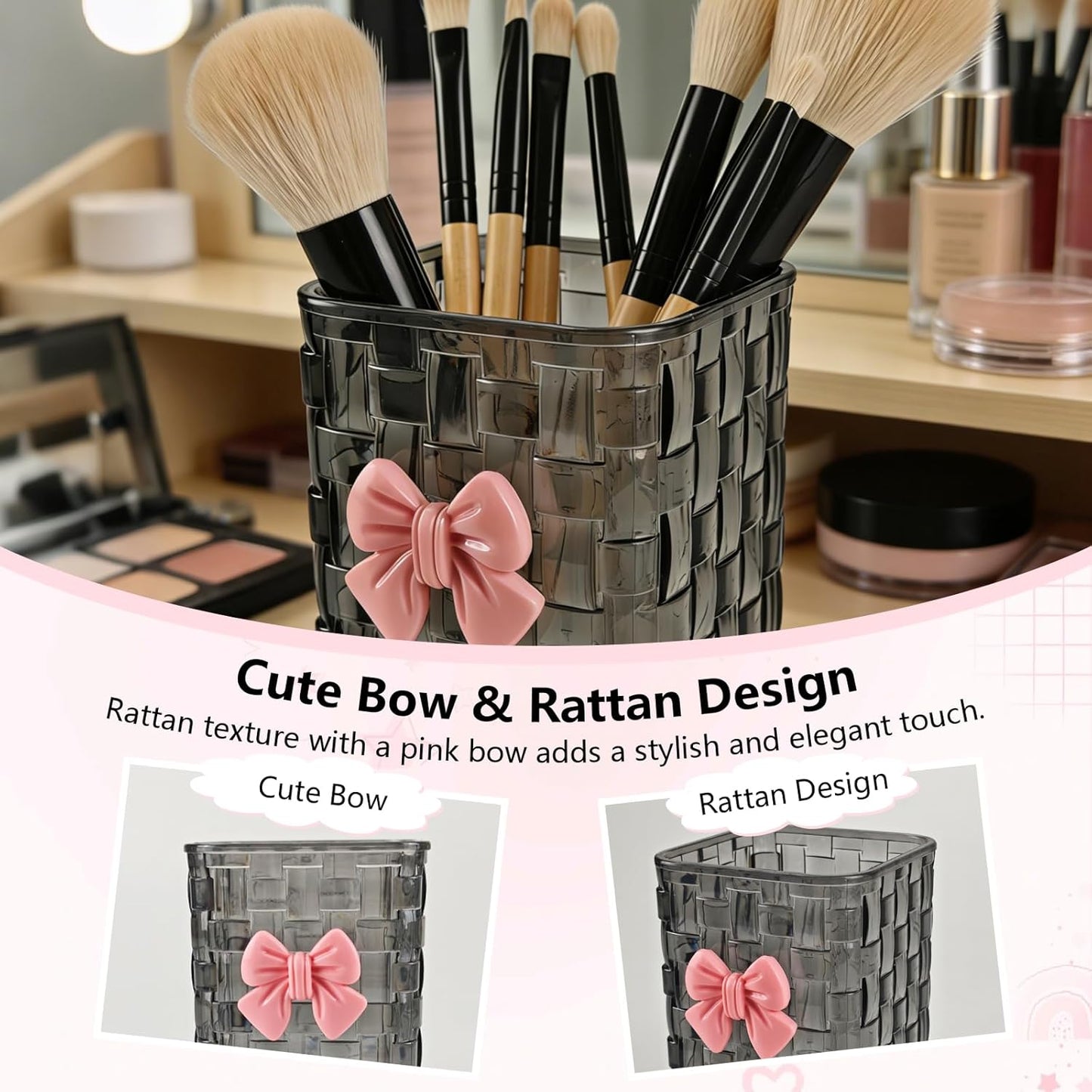 Nirvany Acrylic Pen Holder for Desk, Cute Clear Pencil Organizer & Makeup Brush Holder with Bow Back To School Accessories for Office, Home, School, Kitchen