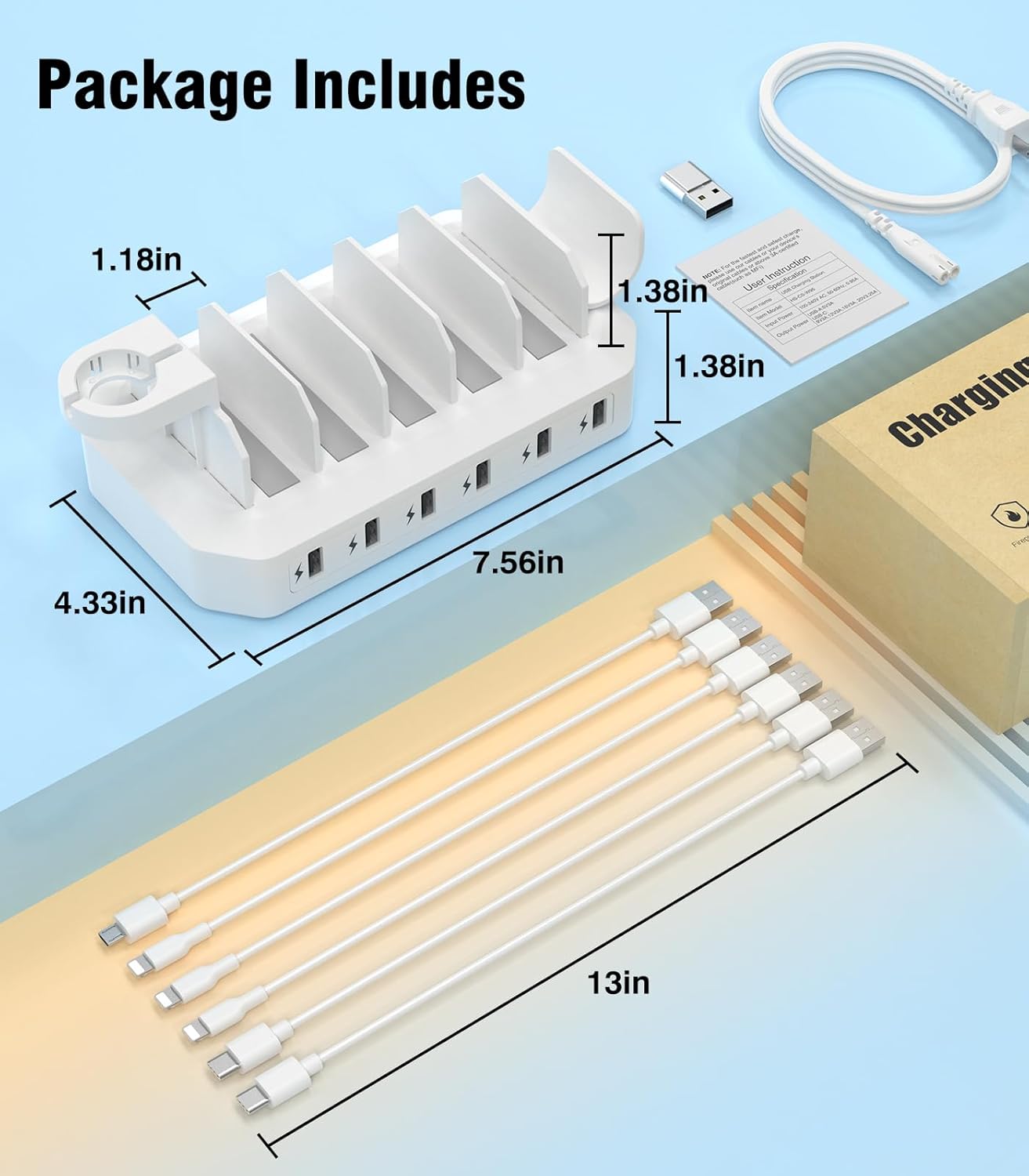 95W Fast Charging Station for Multiple Devices【UL & FCC Tested Safer Charging】 6-Port USB Charging Dock with 2 PD-Port, Compatible with iPhone/Android/MacBook/iPad/Tablet/Kindle(8 Cables Included)