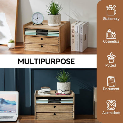 KIRIGEN Wooden Desktop Organizer Paper Storage Letter Tray File Sorter - Desk Rack Magazine File Dividers Holders for Home Office Accessories Wood Desk Cabinet with 3 Layer Trays Natural(3KWJG-NA)