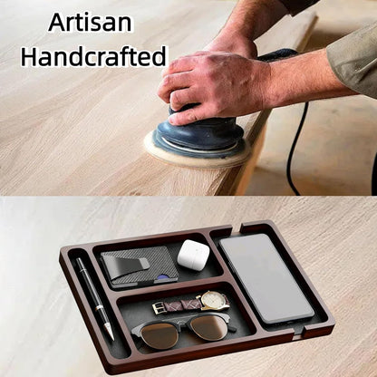 Wooden Valet Tray with Leather Inlay - Key and Wallet Tray, Wooden Jewelry Tray - Nightstand Desk Organizer for EDC Essentials (Keys, Phone, Wallet, Watch, Earbuds) (wood)