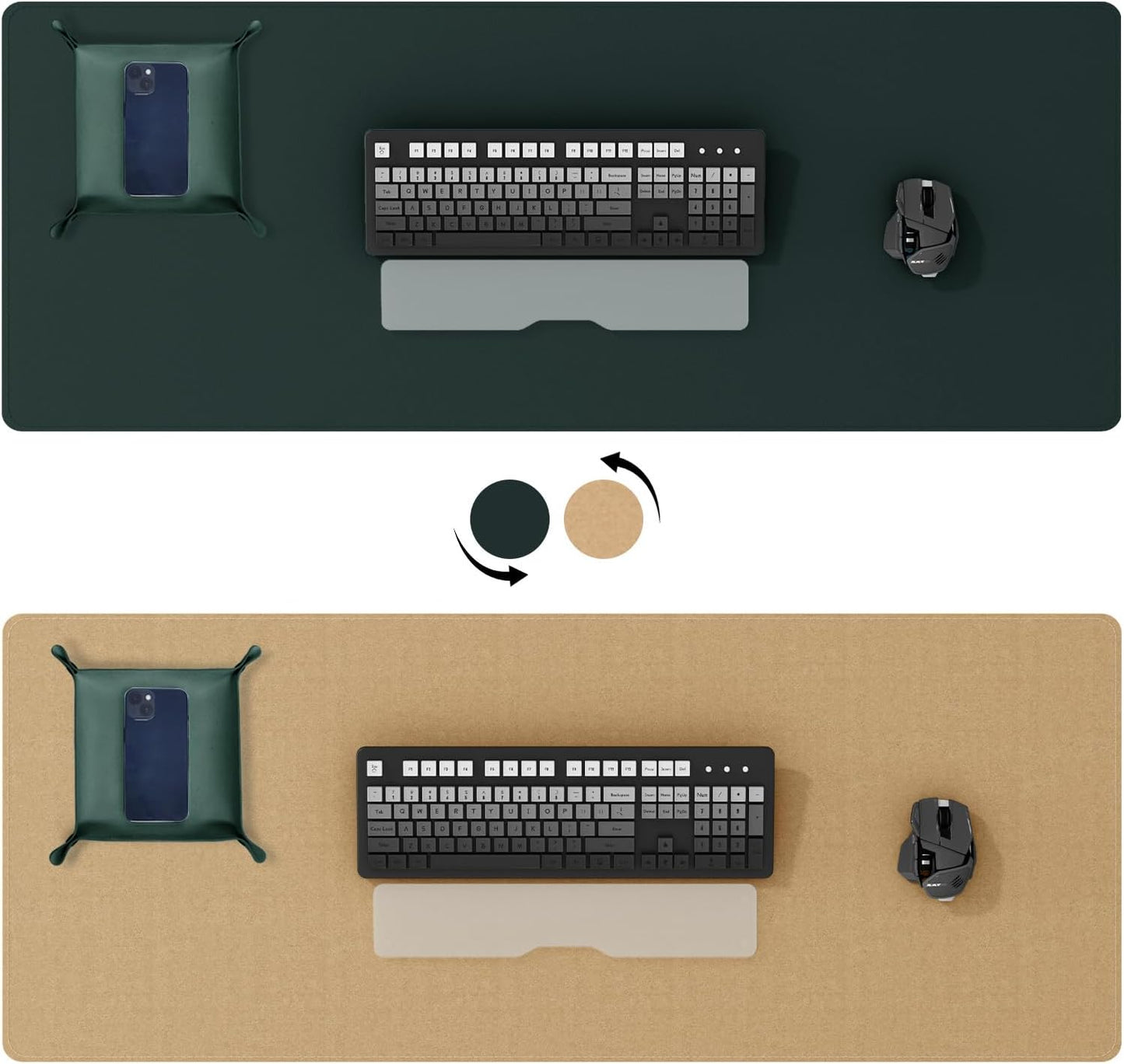 DAWNTREES Dual Sided Desk Mat,Leather Desk Pad,Cork Desk Mat Protector,with PU Leather Valet Tray Organizer,Large Mouse Pad,Desk Writing Pad for Office and Home(Dark Green 31.5"x15.8")