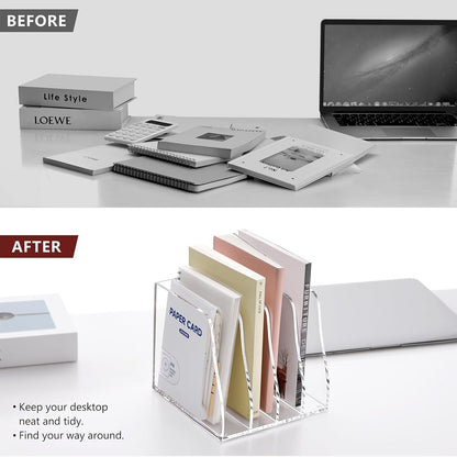 SANRUI Acrylic File Organizer, Clear Magazine File Holder Desk Organizer for Office Organization and Storage with 5 Vertical Compartments, Desktop Bookshelf for Home Office Organization