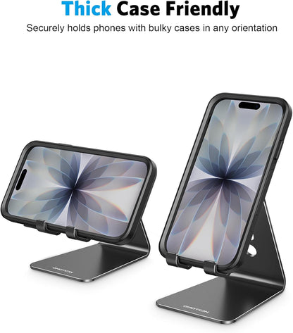 Adjustable Cell Phone Stand, OMOTON Aluminum Desktop Cellphone Stand with Anti-Slip Base and Convenient Charging Port, Fits All Smart Phones, Silver