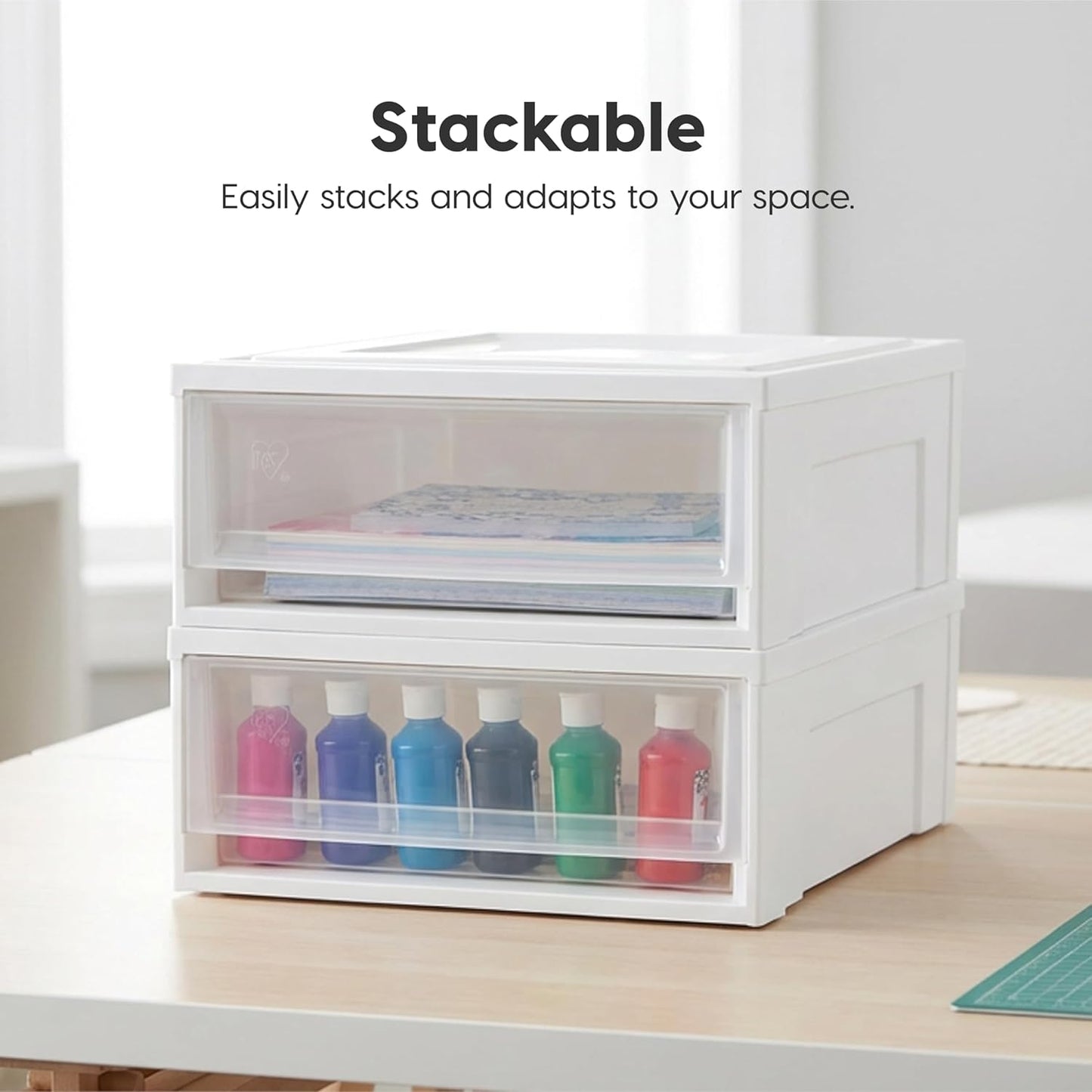 IRIS USA 22 Qt Under Bed Storage Drawer, Stackable Plastic Organizer Bin, Smooth-Glide Sliding Drawer, 4 Pack, White