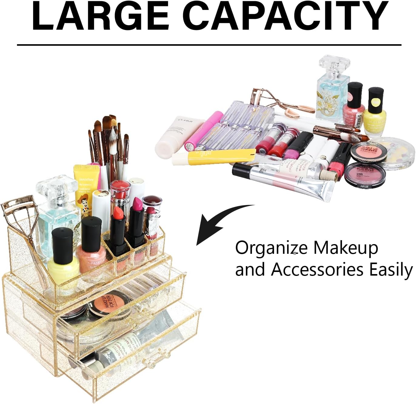 Ikee Design Acrylic Makeup Organizer with 4 Drawers and Removable Top Lipstick Holders, Ideal for Make-up or Accessories,Enhance Your Vanity or Bathroom with Clear Design for Quick Visibility