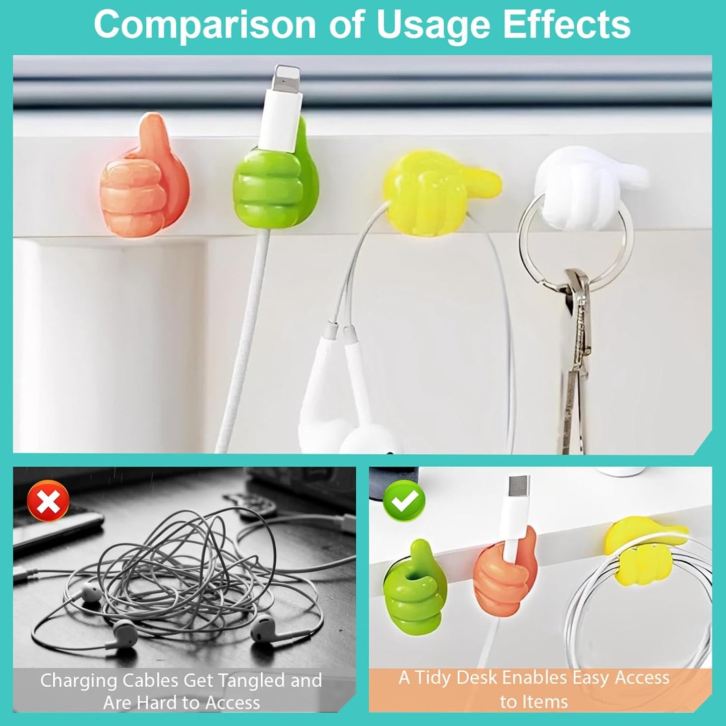 40 Pcs Creative Thumbs Up Wall Hooks, Self-Adhesive Silicone Thumb Holders, Multi-Function Cord Holder Clips for Desk Wall Nightstand, Wire Organizer for Charging Cables Keys,Pencils